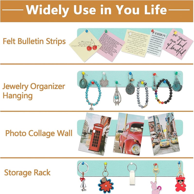 Arlasuo Felt Pin Board Bar Strips Bulletin Board for Bedrooms Offices Home Wall Decoration, Notice Board Self Adhesive Cork Board with 35 Push Pins for Paste Notes, Photos, Schedules (Light Blue) - Image 3